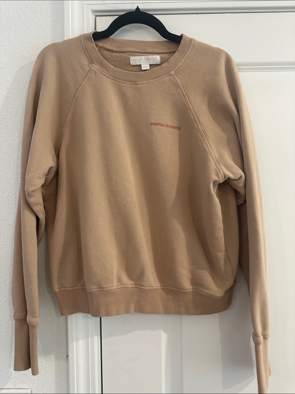 Spiritual Gangster Beige Crewneck Sweatshirt with Subtle Pink Logo